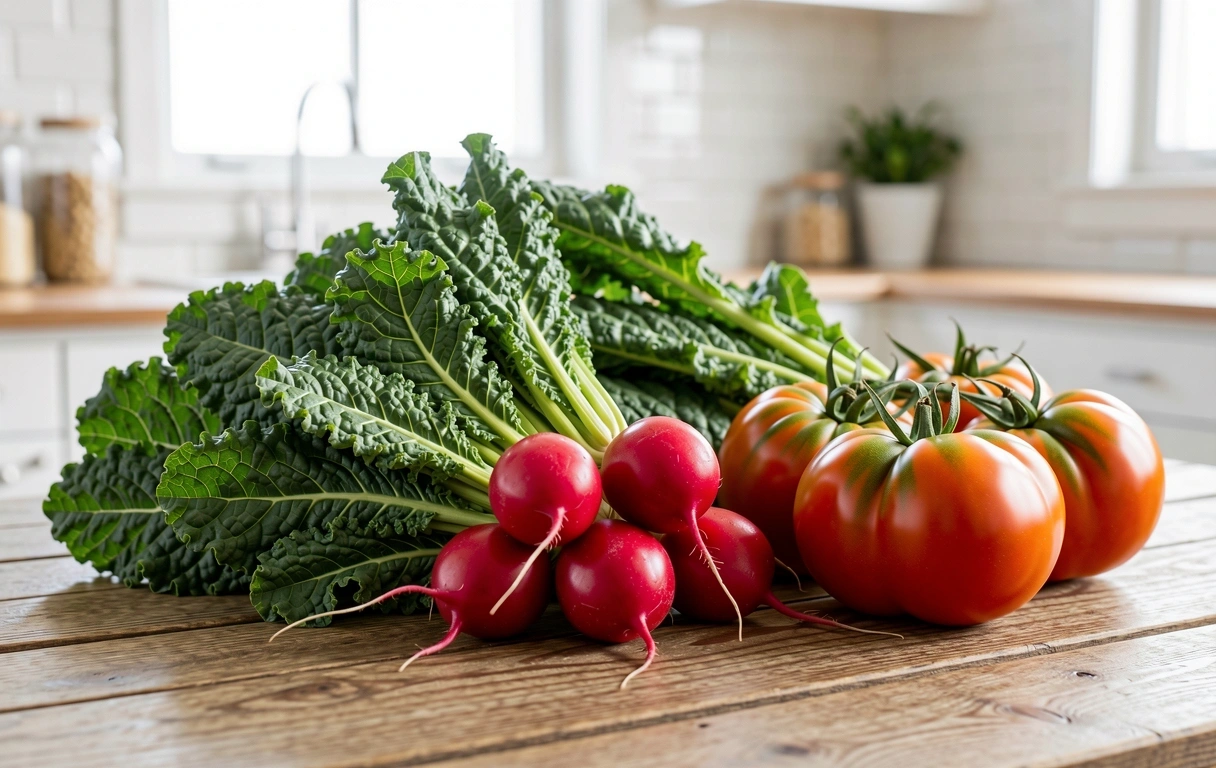 Friska råvaror i ett ljust kök